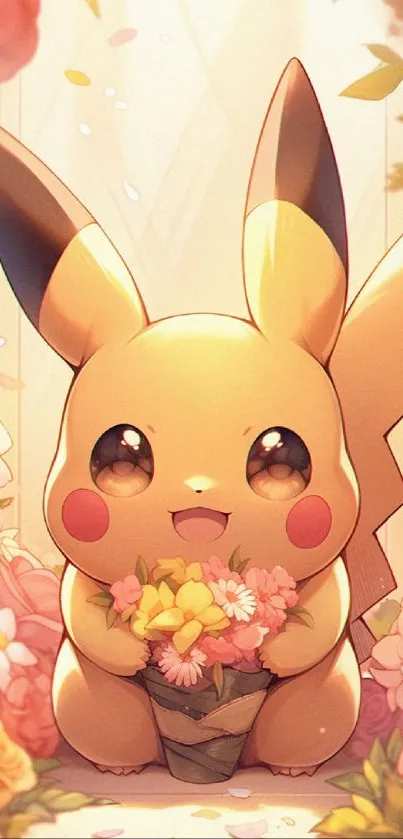 Cute Pikachu holding flowers, surrounded by vibrant blooms.