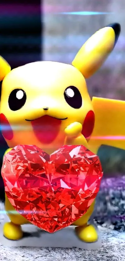 Cute Pikachu holding a sparkling red heart gem in a colorful background.