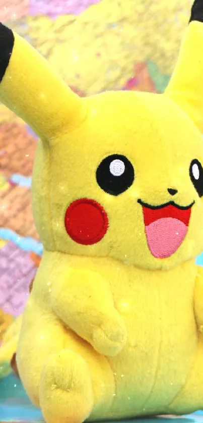 Adorable Pikachu plush in front of a colorful world map.