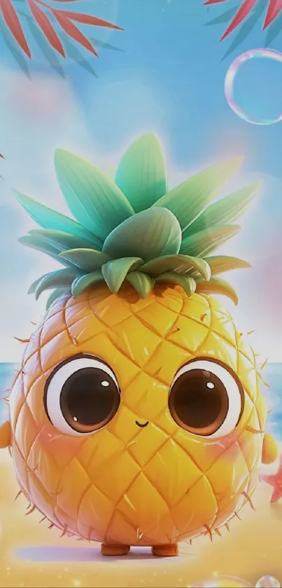 Adorable cartoon pineapple on a beach background with tropical elements.