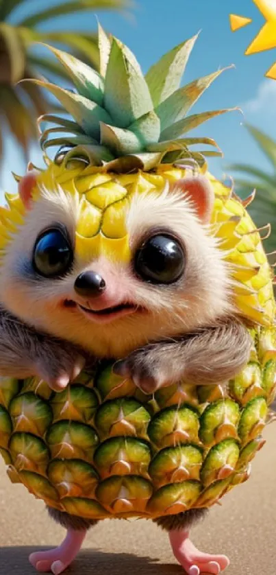 Cartoon hedgehog in a pineapple suit under the sun.