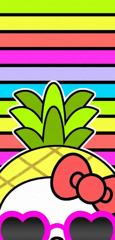 Cute cartoon kitty pineapple design with colorful stripes.