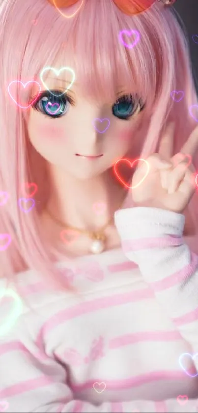 Anime girl with pink hair, peace sign, and heart background.