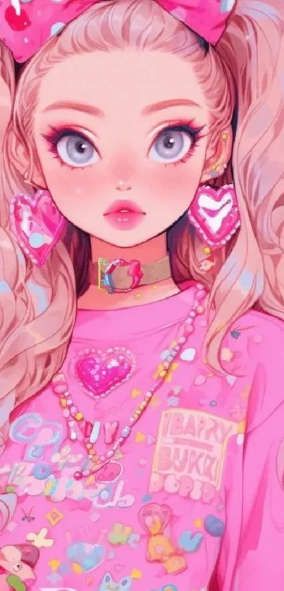 Anime girl with vibrant pink theme and detailed accessories.