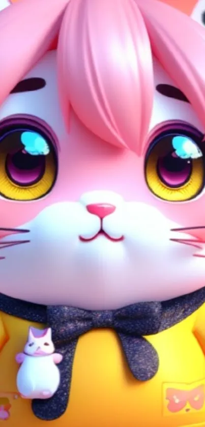 Cute pink anime cat with large eyes and yellow shirt.