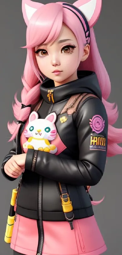 Anime girl with pink hair and cat toy in a stylish outfit.