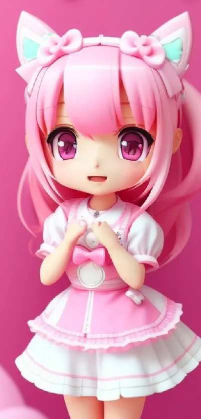 Anime girl with pink hair and cat ears in a cute outfit stands against a pink background.