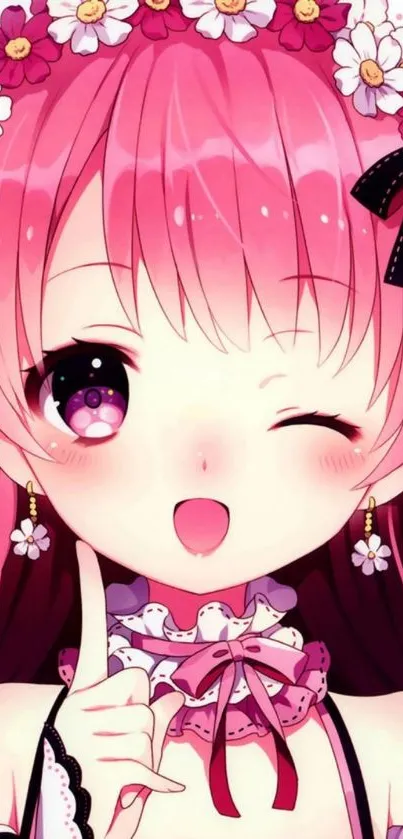 Cute pink anime girl with floral accents and winking expression.