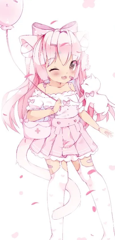 Anime girl with pink theme, holding cat and balloon.