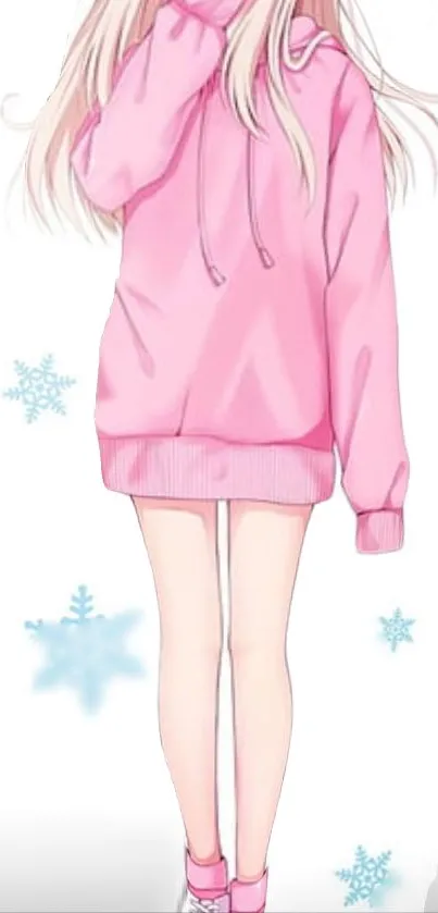 Anime character in pink sweater with snowflakes.