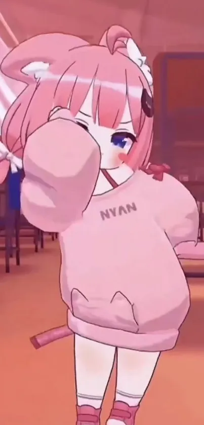 Adorable anime character in pink sweatshirt in a classroom setting.