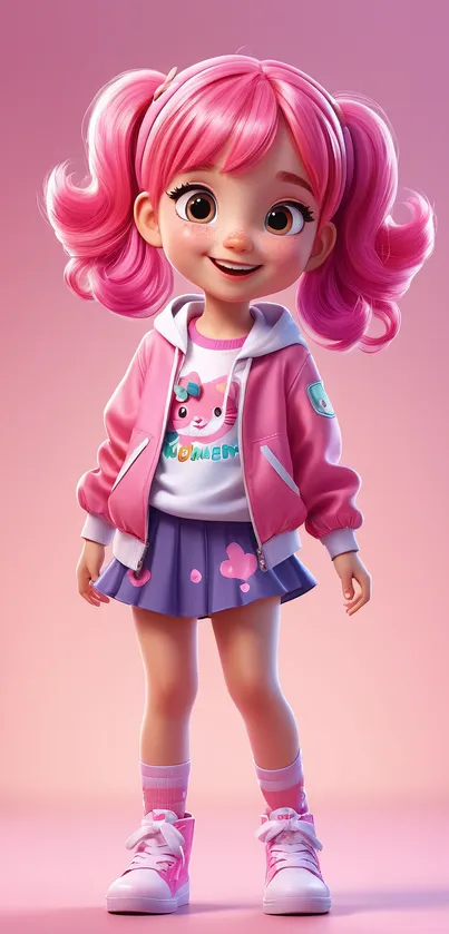 Cute anime character with pink hair in vibrant outfit.