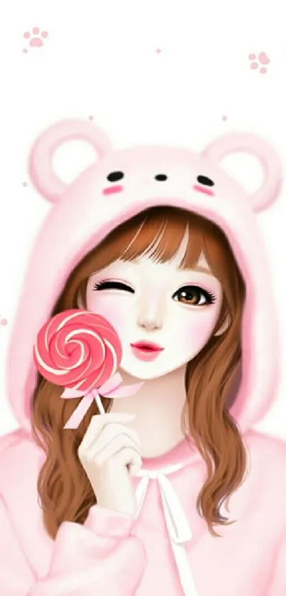 Girl in pink bear hoodie with lollipop, winking.