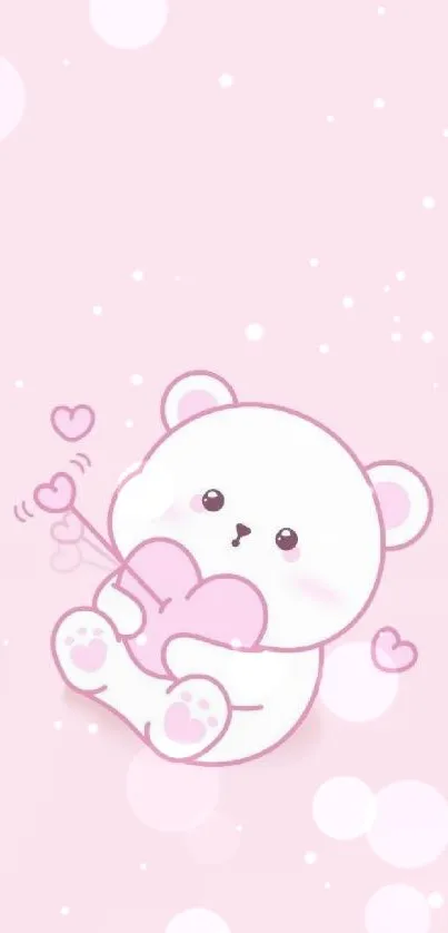 Cute pink bear holding a heart on pastel background.