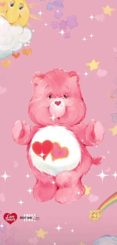 Cute pink bear with hearts and rainbow on pink background.