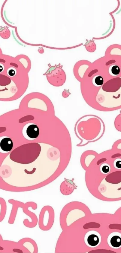 Cute pink bear and strawberries wallpaper with cartoon faces.