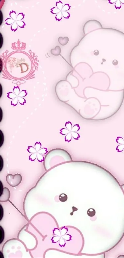 Cute pink bear wallpaper with floral and heart accents.