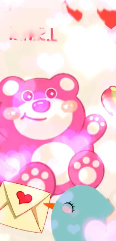 Cute pink bear with hearts and a bird delivering love letters on wallpaper.