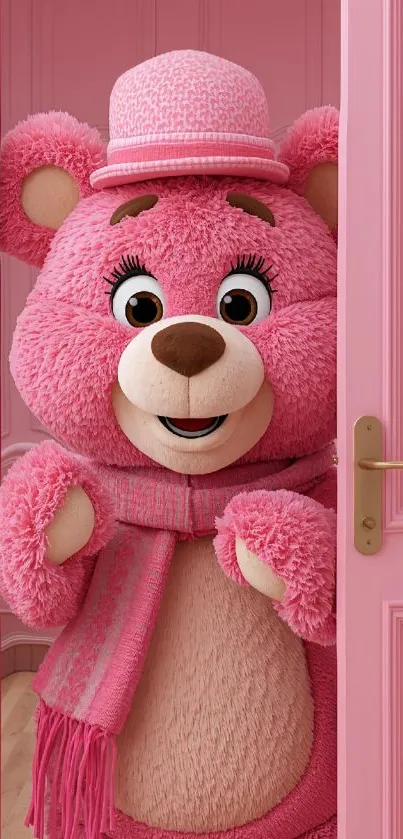 Cute pink bear peeking through pink door.