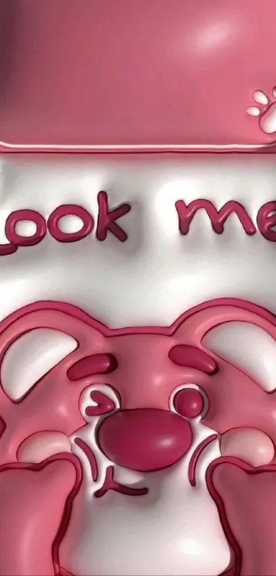 Cute pink bear wallpaper with playful design and 'look me' text.