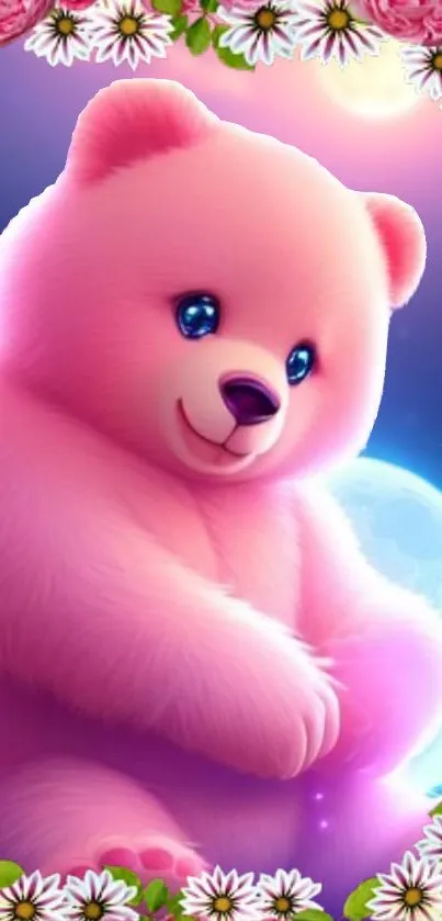 A cute pink teddy bear with a floral border and a moonlit background.