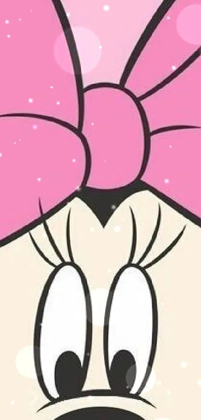 Cartoon face with large pink bow on mobile wallpaper.