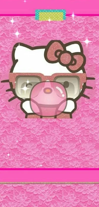 Cute pink kitty with bubblegum and glasses on lace background.