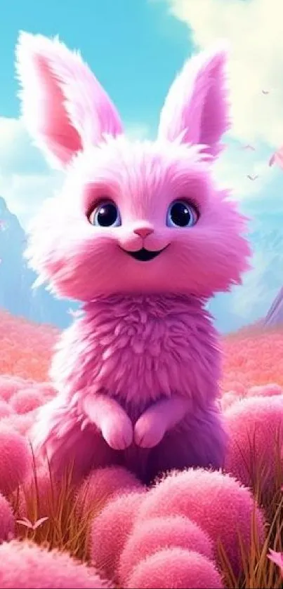 Cute pink bunny in a fantasy landscape with fluffy pink surroundings.