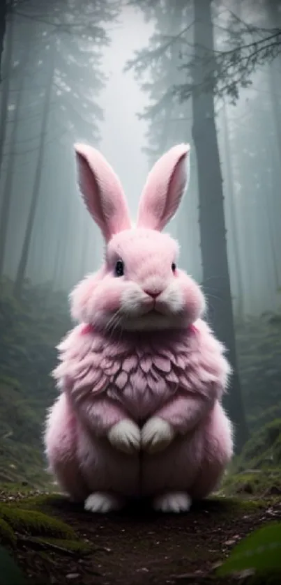 Pink fluffy bunny in a misty forest setting.