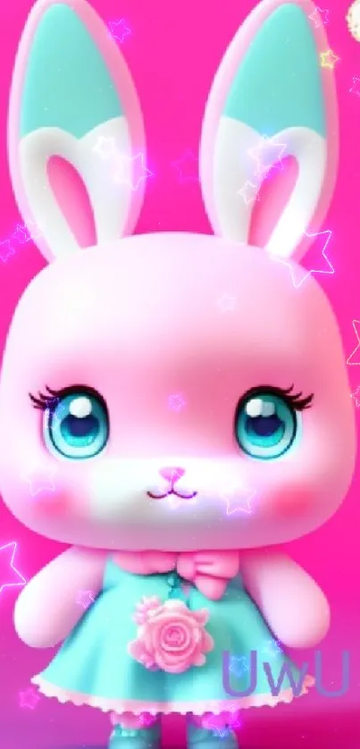 Cute pink bunny with blue accents on a vibrant background.