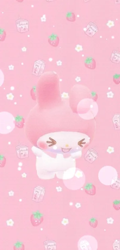 Adorable pink bunny with strawberries and milk cartons on a pastel background.