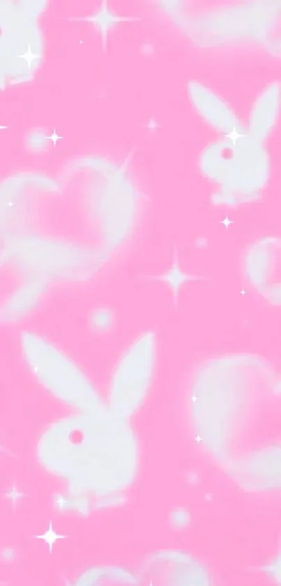 Pink wallpaper with bunnies and hearts, playful design.