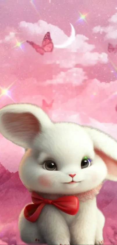 Cute white bunny with red bow and pink butterfly background.