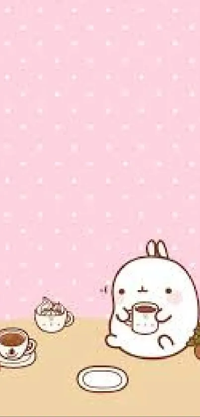 Cute pink bunny with coffee on a pastel mobile wallpaper.