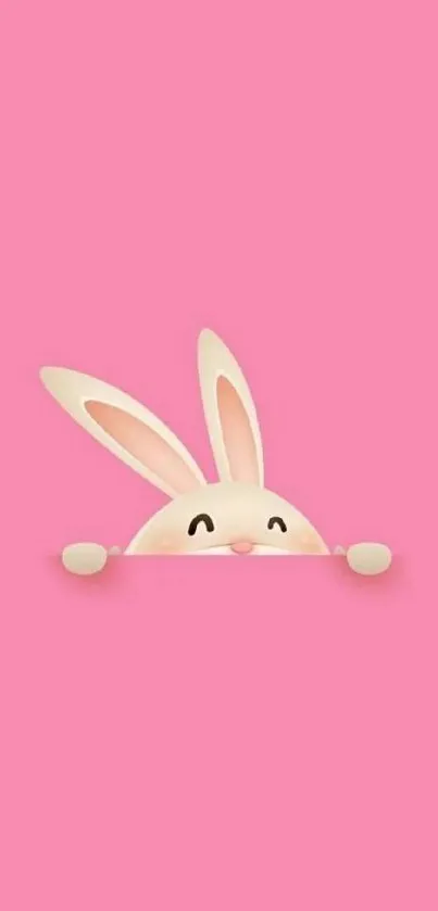 Adorable cartoon bunny peeking over the edge on a pink background.