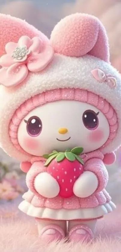 Adorable pink bunny with strawberry in fantasy setting.