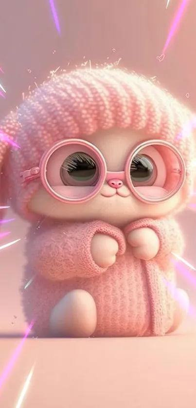 Adorable pink bunny in glasses with cozy attire.