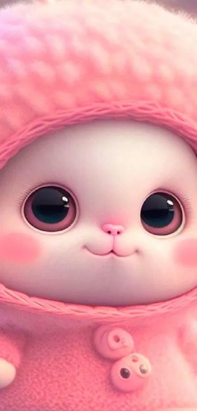 Adorable pink bunny in a fluffy costume with big eyes and a cute smile.