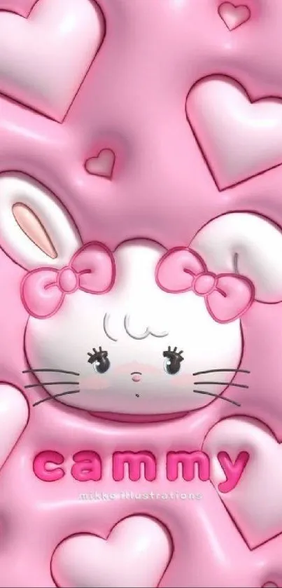 Cute pink bunny with hearts phone wallpaper.