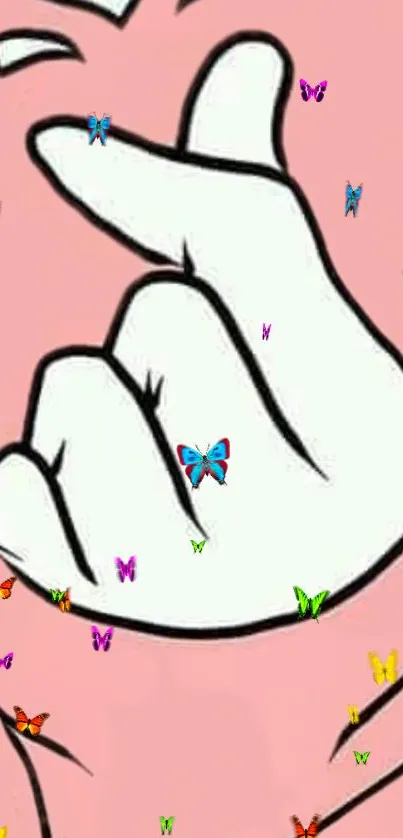 White hand with colorful butterflies on pink background.