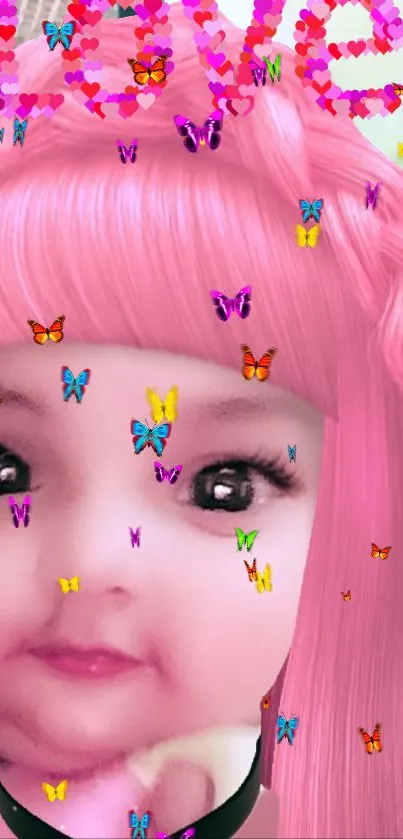 Mobile wallpaper with pink hair girl and colorful butterflies.