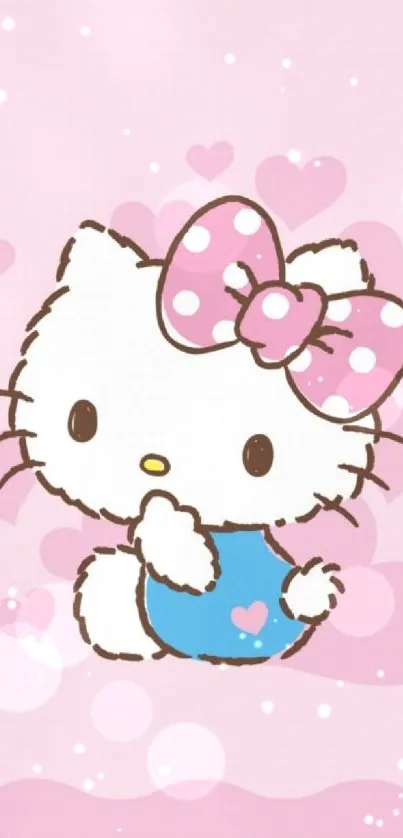 Cute cartoon cat with pink bow on pastel background.