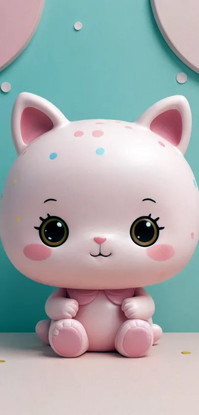 Cute pink cartoon cat with big eyes and pastel background.