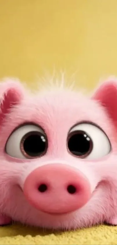 Cute pink cartoon pig with big eyes on a yellow background.