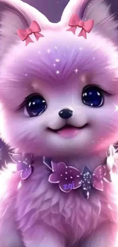 Cute cartoon pink puppy with bows, perfect mobile wallpaper.