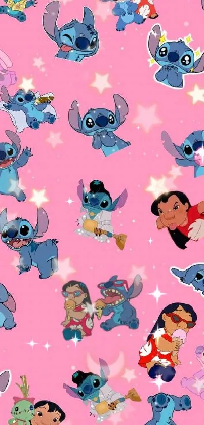 Adorable pink cartoon wallpaper with stars and blue characters.