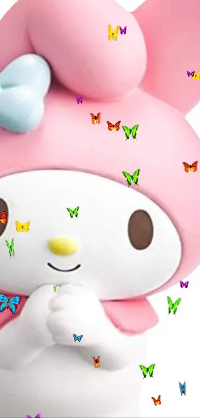 Cute pink cartoon character with butterflies on mobile wallpaper.