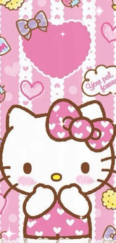 Cute pink cartoon wallpaper with hearts.