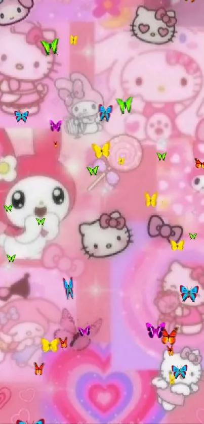 Cute pink themed cartoon characters wallpaper with hearts.