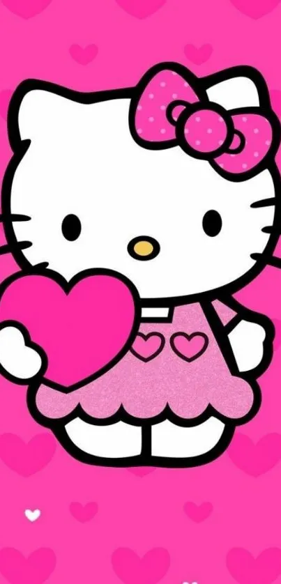 Hello Kitty holding a pink heart on a pink background.